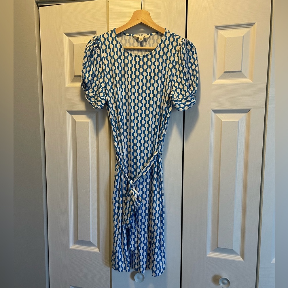 BODEN Blue White Geo Chain Print Knot Detail Short Sleeve Belted Mini - Picture 7 of 7
